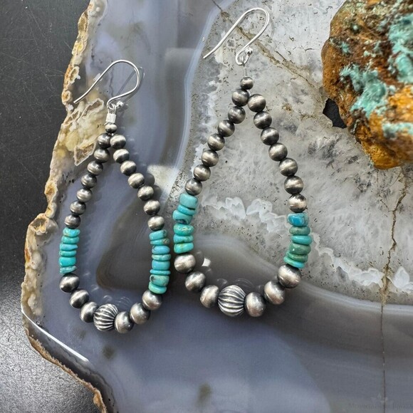 Sterling 4-6.5mm Navajo Pearl Southwester Style&4mm Turquoise Bead Hoop Earrings - Picture 4 of 10